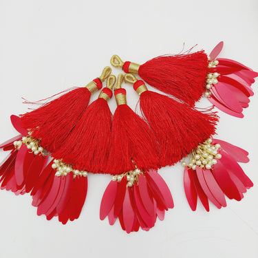 Red Tassels With Long Sequins And Seed Pearl Beads, Beaded Thread Tassel Charms, 2 Pcs